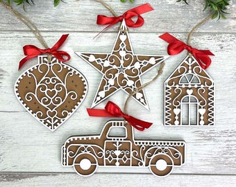 Gingerbread House Ornaments 2 Laser Cut Bundle SVG | 4 Designs | Christmas Ornaments Truck Star