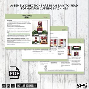 May include: A digital PDF document titled ASSEMBLY DIRECTIONS ARE IN AN EASY-TO-READ FORMAT FOR CUTTING MACHINES, featuring step-by-step instructions and photographs for crafting a wooden nutcracker figure with red, black, and white paint.