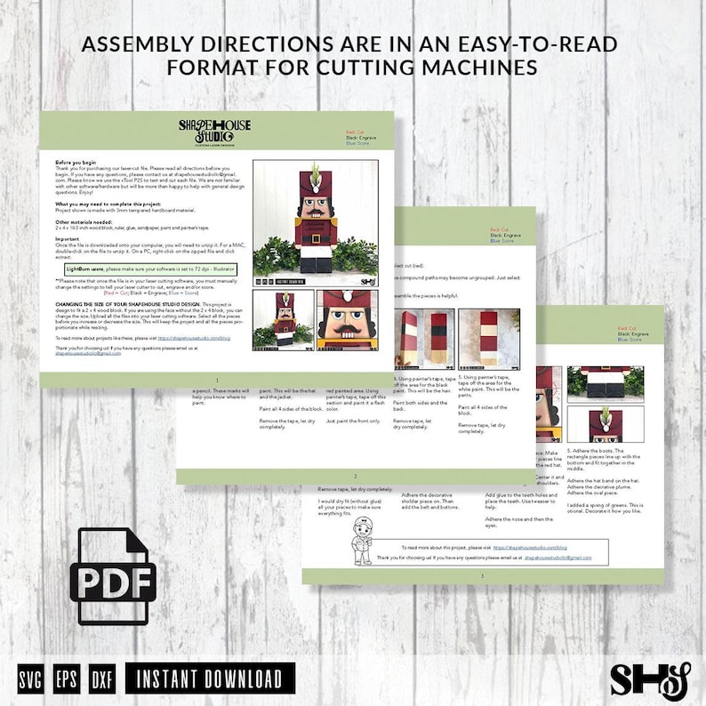 May include: A digital PDF document titled ASSEMBLY DIRECTIONS ARE IN AN EASY-TO-READ FORMAT FOR CUTTING MACHINES, featuring step-by-step instructions and photographs for crafting a wooden nutcracker figure with red, black, and white paint.