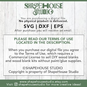 Puede incluir: Un gr&aacute;fico informativo sobre archivos digitales de ShapeHouse Studio con el texto: You are purchasing a digital file. No physical product is delivered. SVG | DXF | EPS. PLEASE READ OUR TERMS OF USE LOCATED IN THE DESCRIPTION. Detalles de licencia comercial.