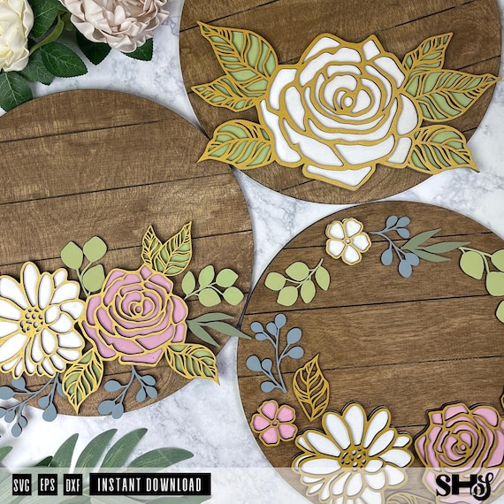 3D Flower Sign Bundle Laser Cut SVG | Flower 3D Wooden Sign | Floral Wall Art | Floral Bundle SVG | Baby Name Nursery Sign | SVG eps, dxf