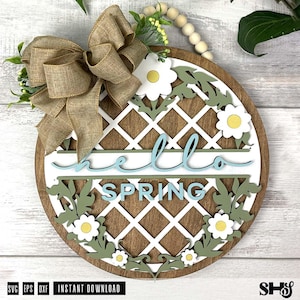 Bonjour printemps accroche-porte SVG | Fichier floral découpé au laser | Enseigne ronde | Printemps SVG | Décoration printanière de la ferme | Forgelumineuse | Outil X | SVG, EPS, dxf