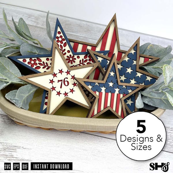 Patriotic Stars SVG Bundle | Layered 4th of July Stars | USA Flag Star Laser Cut Files | svg eps dxf