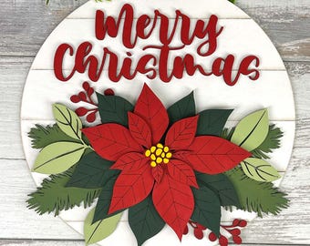 Merry Christmas Door Hanger Laser Cut SVG | Poinsettia Round | Holiday Door Hanger | Laser Cut Christmas Sign | SVG eps dxf