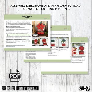 May include: A digital PDF document titled Assembly Directions are in an easy-to-read format for cutting machines. The pages feature text, diagrams, and photographs of a Santa-themed craft project with a red poinsettia and black belt design.