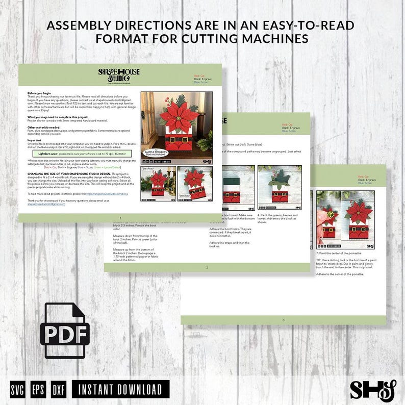 May include: A digital PDF document titled Assembly Directions are in an easy-to-read format for cutting machines. The pages feature text, diagrams, and photographs of a Santa-themed craft project with a red poinsettia and black belt design.