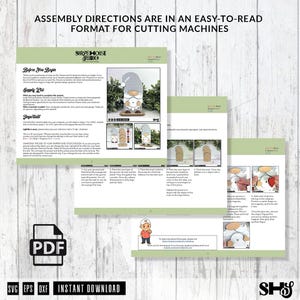 May include: A digital PDF document containing assembly instructions for a gnome-shaped craft project. The pages feature text, supply lists, and step-by-step photographs showing the layering of wooden pieces, including a hat, beard, and nose.