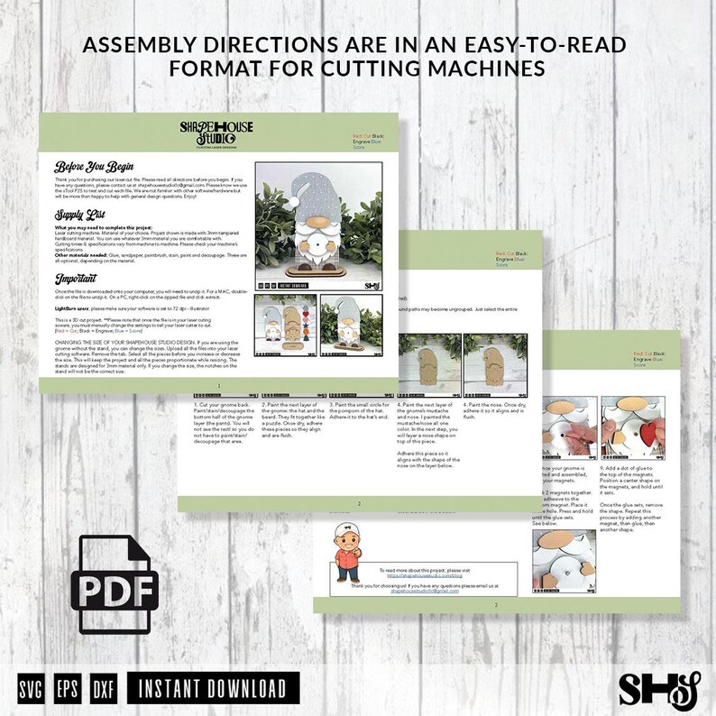 May include: A digital PDF document containing assembly instructions for a gnome-shaped craft project. The pages feature text, supply lists, and step-by-step photographs showing the layering of wooden pieces, including a hat, beard, and nose.