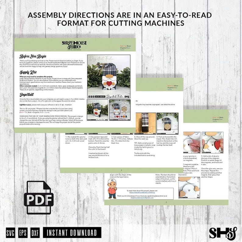 Może przedstawiać: Cyfrowy dokument PDF zatytułowany Assembly Directions are in an easy-to-read format for cutting machines. Strony zawierają tekst, listy materiał&oacute;w oraz instrukcje krok po kroku ze zdjęciami przedstawiającymi montaż projektu krasnala.