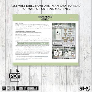 May include: A digital instruction sheet for laser cutting machines from Shapehouse Studio. The document includes assembly directions, material requirements, and visual examples of ghost-themed wood block projects with five faces and costumes.