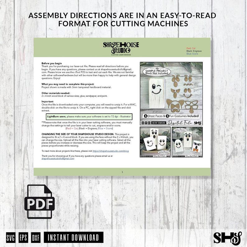 May include: A digital instruction sheet for laser cutting machines from Shapehouse Studio. The document includes assembly directions, material requirements, and visual examples of ghost-themed wood block projects with five faces and costumes.