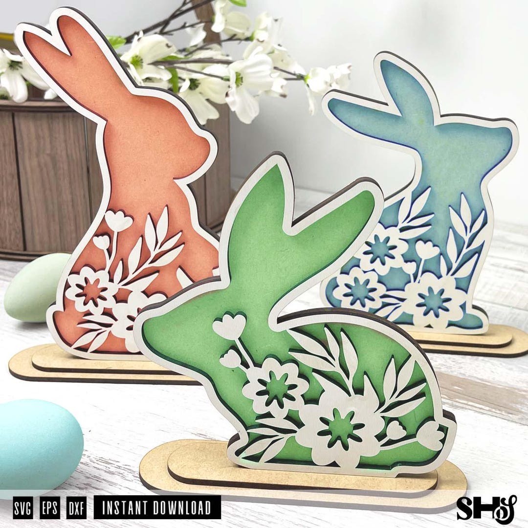 Floral Bunnies SVG Laser Cut File: 3D Easter Bunny DIY (PDF Directions ...