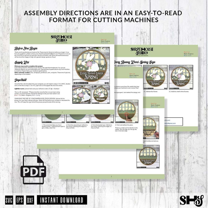 Pode incluir: Um documento PDF digital contendo instru&ccedil;&otilde;es de montagem para um projeto de m&aacute;quina de corte. As p&aacute;ginas apresentam o logotipo da Shapehouse Studio, uma lista de materiais e instru&ccedil;&otilde;es passo a passo para criar uma placa redonda com um design de coelho e flores.