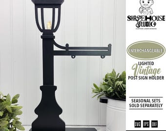 Vintage Lamp Post Sign Holder SVG | Laser Cut Interchangeable Sign Lamp Post | Porch Shelf Lamp Post Sign Interchangeable