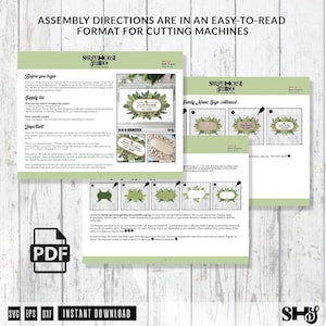 May include: Assembly instructions for a family name sign with a green leaf design. The instructions include a supply list, important information, and a step-by-step guide for assembling the sign. The sign is designed for use with cutting machines.