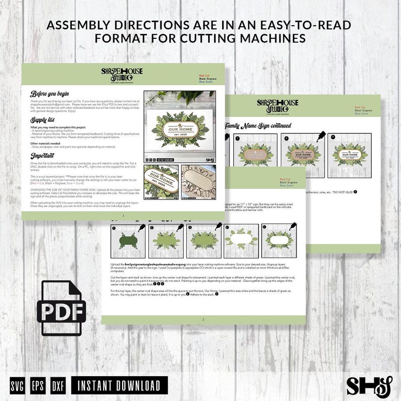 May include: Assembly instructions for a family name sign with a green leaf design. The instructions include a supply list, important information, and a step-by-step guide for assembling the sign. The sign is designed for use with cutting machines.