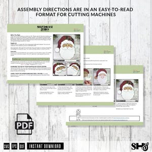 K&ouml;nnte beinhalten: Ein digitales Dokument mit dem Titel ASSEMBLY DIRECTIONS ARE IN AN EASY-TO-READ FORMAT FOR CUTTING MACHINES, das Anleitungen f&uuml;r ein Weihnachtsmann-Bastelprojekt enth&auml;lt. Die Seiten zeigen Text, Diagramme und Bilder eines geschichteten Designs.