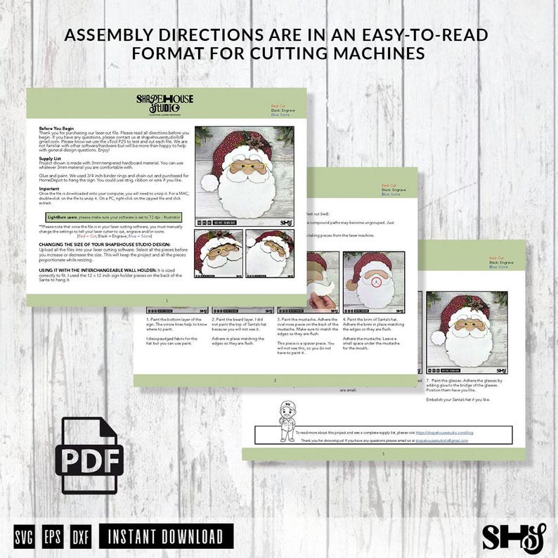 K&ouml;nnte beinhalten: Ein digitales Dokument mit dem Titel ASSEMBLY DIRECTIONS ARE IN AN EASY-TO-READ FORMAT FOR CUTTING MACHINES, das Anleitungen f&uuml;r ein Weihnachtsmann-Bastelprojekt enth&auml;lt. Die Seiten zeigen Text, Diagramme und Bilder eines geschichteten Designs.