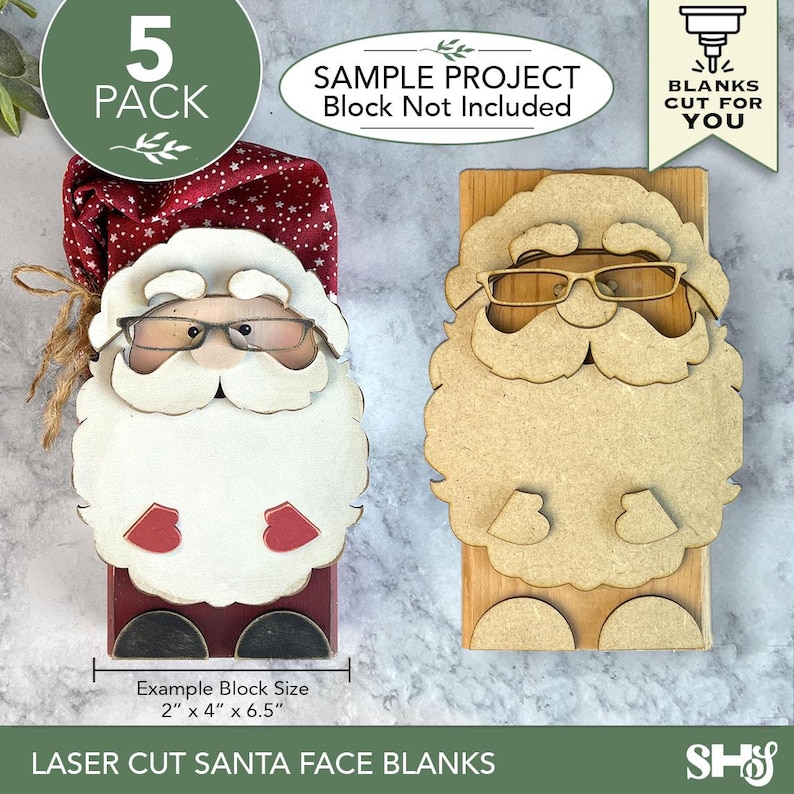 Puede incluir: Un paquete de 5 piezas de madera cortadas con l&aacute;ser con forma de cara de Santa Claus, que incluye un ejemplo terminado con gorro rojo y una versi&oacute;n en madera natural. Las caras incluyen gafas, barba y manoplas. Texto: 5 PACK, SAMPLE PROJECT.
