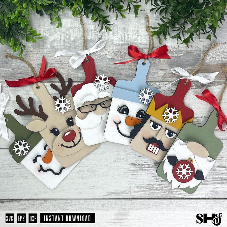 Christmas Faces SVG Cutting Board Ornament Bundle | 6 Xmas Ornament Laser Cut Files image 2