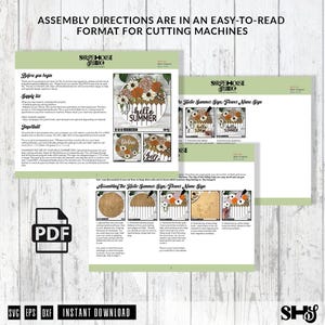 May include: A digital download for a "Hello Summer" sign craft project. The instructions include a step-by-step guide for assembling the sign, which features a round wooden base, a picket fence, and flowers. The sign is perfect for adding a touch of summer cheer to your home decor.