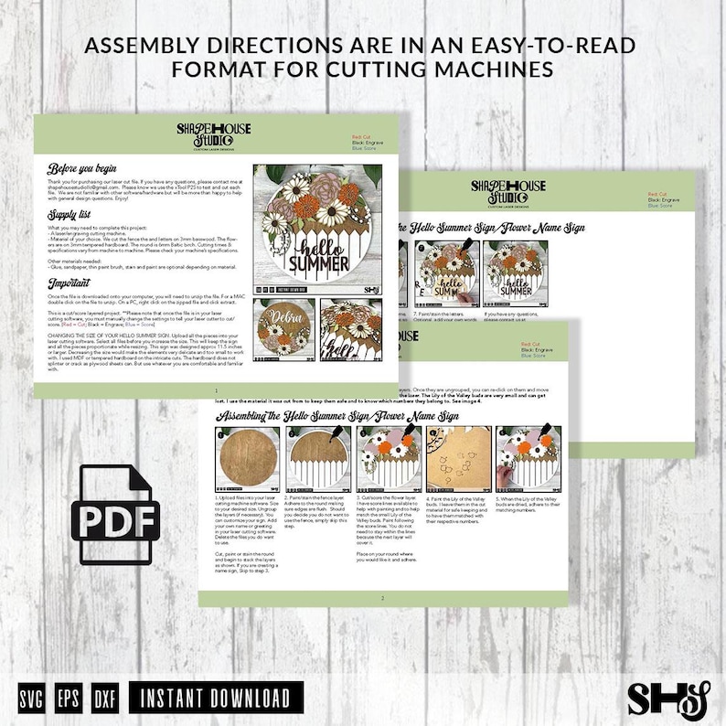 May include: A digital download for a "Hello Summer" sign craft project. The instructions include a step-by-step guide for assembling the sign, which features a round wooden base, a picket fence, and flowers. The sign is perfect for adding a touch of summer cheer to your home decor.