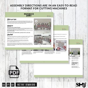 May include: A digital PDF document titled Assembly Directions for Cutting Machines by Shapehouse Studio. The pages feature text instructions, supply lists, and photographs showing the assembly of a miniature gingerbread house centerpiece.