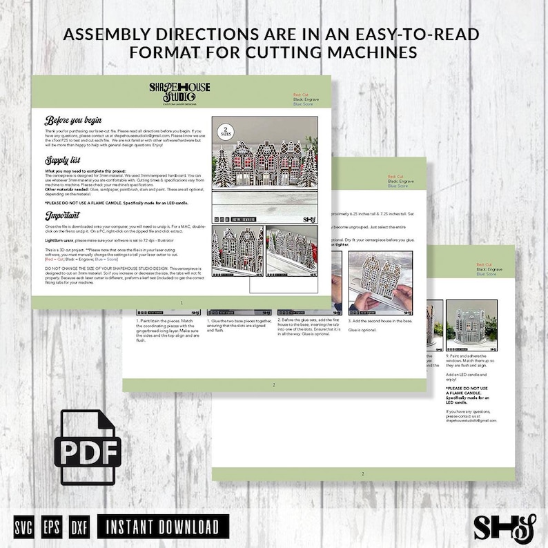 May include: A digital PDF document titled Assembly Directions for Cutting Machines by Shapehouse Studio. The pages feature text instructions, supply lists, and photographs showing the assembly of a miniature gingerbread house centerpiece.