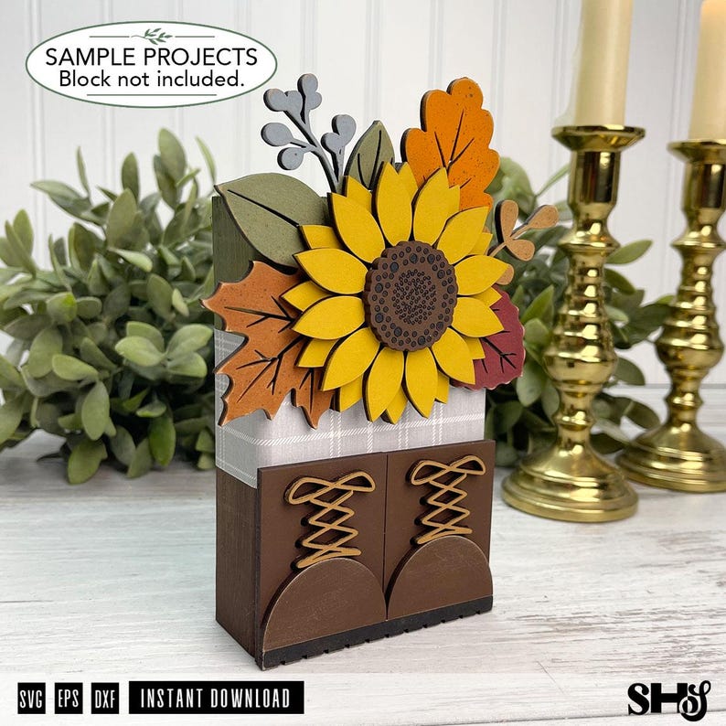 Fall Boots Sunflower Shelfsitter SVG | Autumn Boots Wood Block Laser Cut File image 3
