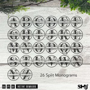 Op de afbeelding: Een verzameling van 26 zwarte cirkelvormige gespleten monogramletters van A tot Z, elk met een decoratief filigraanontwerp in de cirkel. De tekst 26 Split Monograms, SVG, EPS, DXF, INSTANT DOWNLOAD en SHS is zichtbaar.