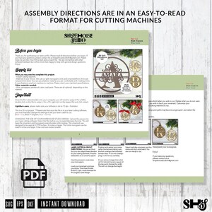 Op de afbeelding: Een digitaal PDF-instructiedocument voor lasersnijmachines met de titel Assembly Directions are in an easy-to-read format for cutting machines. Het bevat tekst, materiaallijsten en afbeeldingen van houten monogramornamenten met de naam Amara.