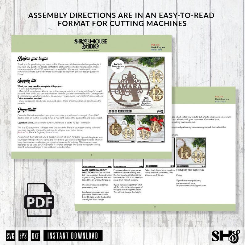 Op de afbeelding: Een digitaal PDF-instructiedocument voor lasersnijmachines met de titel Assembly Directions are in an easy-to-read format for cutting machines. Het bevat tekst, materiaallijsten en afbeeldingen van houten monogramornamenten met de naam Amara.
