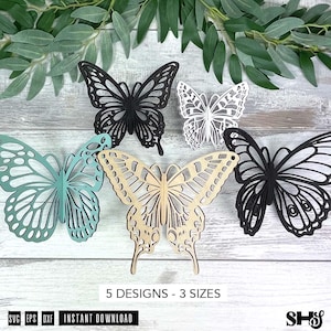 Paquete SVG de mariposa 3D para corte láser / 5 diseños de mariposas en 3 tamaños / Archivos de mariposa cortados con láser / svg dxf eps
