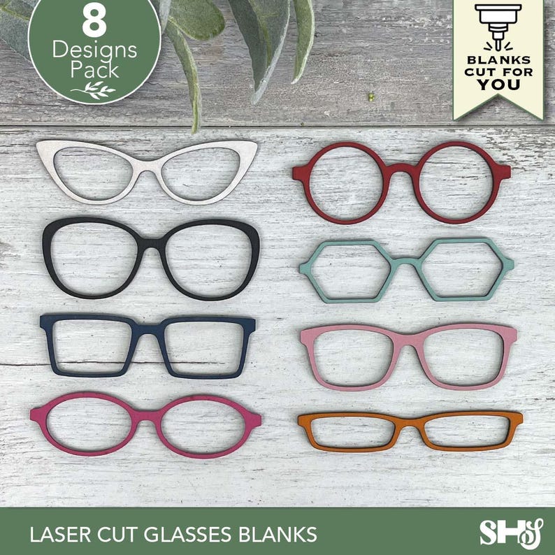 May include: A collection of eight laser-cut glasses blanks in various shapes and colors, including white, black, red, blue, pink, and orange. The image includes text that reads "8 Designs Pack" and "Blanks Cut For You."