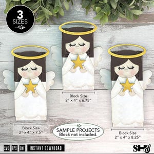 Op de afbeelding: Drie houten uitsparingen in de vorm van een engel met donkerbruin haar, witte gewaden en gouden halo's, elk met een gouden ster. Tekstlabels geven blokmaten aan van 5,08 cm bij 10,16 cm bij 17,15 cm, 19,05 cm en 20,96 cm.