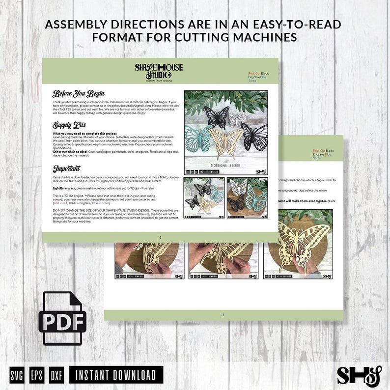 May include: A digital document titled ASSEMBLY DIRECTIONS ARE IN AN EASY-TO-READ FORMAT FOR CUTTING MACHINES, featuring text, supply lists, and photographs of laser-cut butterfly designs in various colors and sizes for crafting projects.
