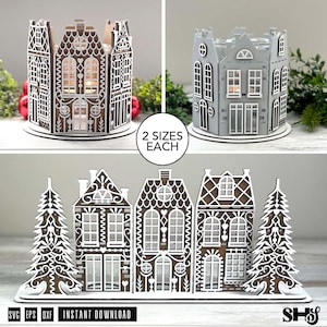 May include: A collection of laser-cut wooden house and tree decorations. The houses are in two sizes, with intricate window and door details. The color scheme is brown and white. The text "2 SIZES EACH" is visible. The bottom row features three houses and two trees.