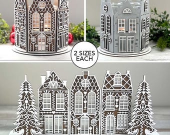 Lebkuchendorf Kerzenhalter SVG Bundle | Laser Cut Weihnachtshäuser | Urlaub Herzstück Laterne Dateien | SVG dxf eps