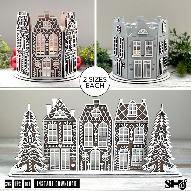 May include: A set of laser-cut decorative house structures featuring intricate white filigree patterns on brown or gray surfaces. The collection includes circular candle holders and a linear display with two trees and three houses, marked with 2 SIZES EACH.