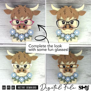 Pu&ograve; includere: Un file digitale con un'illustrazione di una mucca Highland con un collare floreale. La mucca &egrave; mostrata in quattro varianti con occhiali di diversi colori: rosa, nero, bianco e arancione. Il testo recita: Complete the look with some fun glasses!