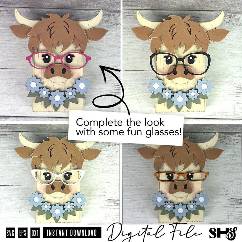 Pu&ograve; includere: Un file digitale con un'illustrazione di una mucca Highland con un collare floreale. La mucca &egrave; mostrata in quattro varianti con occhiali di diversi colori: rosa, nero, bianco e arancione. Il testo recita: Complete the look with some fun glasses!