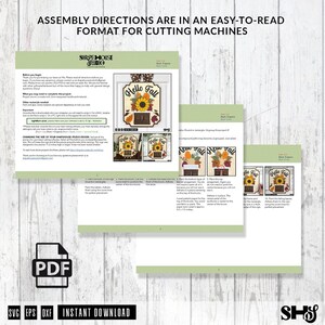 Może przedstawiać: Dokument cyfrowy zatytułowany ASSEMBLY DIRECTIONS ARE IN AN EASY-TO-READ FORMAT FOR CUTTING MACHINES. Zawiera branding Shapehouse Studio, instrukcje tekstowe oraz obrazy znaku Hello Fall ze słonecznikiem i butami.
