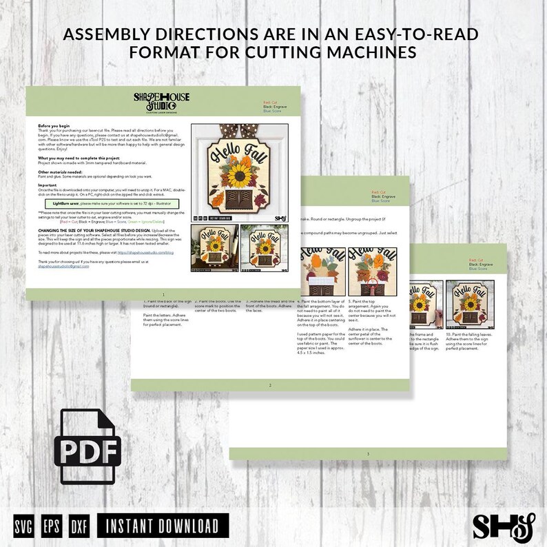 Może przedstawiać: Dokument cyfrowy zatytułowany ASSEMBLY DIRECTIONS ARE IN AN EASY-TO-READ FORMAT FOR CUTTING MACHINES. Zawiera branding Shapehouse Studio, instrukcje tekstowe oraz obrazy znaku Hello Fall ze słonecznikiem i butami.