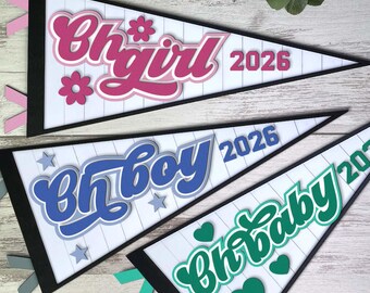 May include: Three pennant-shaped banners with the words "Oh Girl", "Oh Boy", and "Oh Baby" in pink, blue, and green, respectively. Each banner includes the year "2026". The banners have a white background with gray stripes and are trimmed in black.