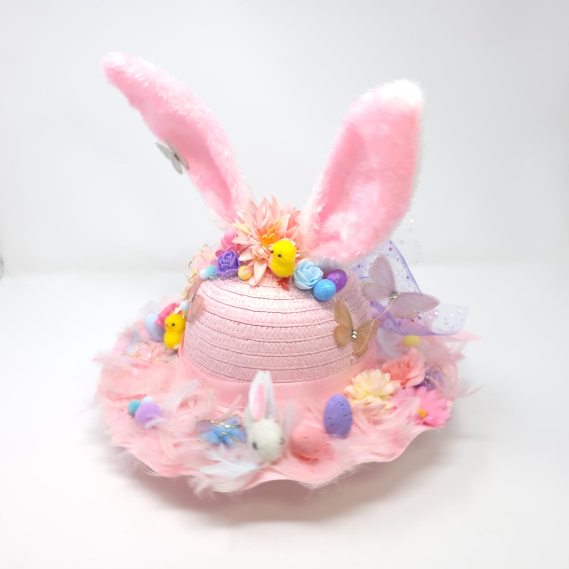 Handmade Girls Pink Feather Flower Easter Bunny Ears Bonnet - Ready to ...