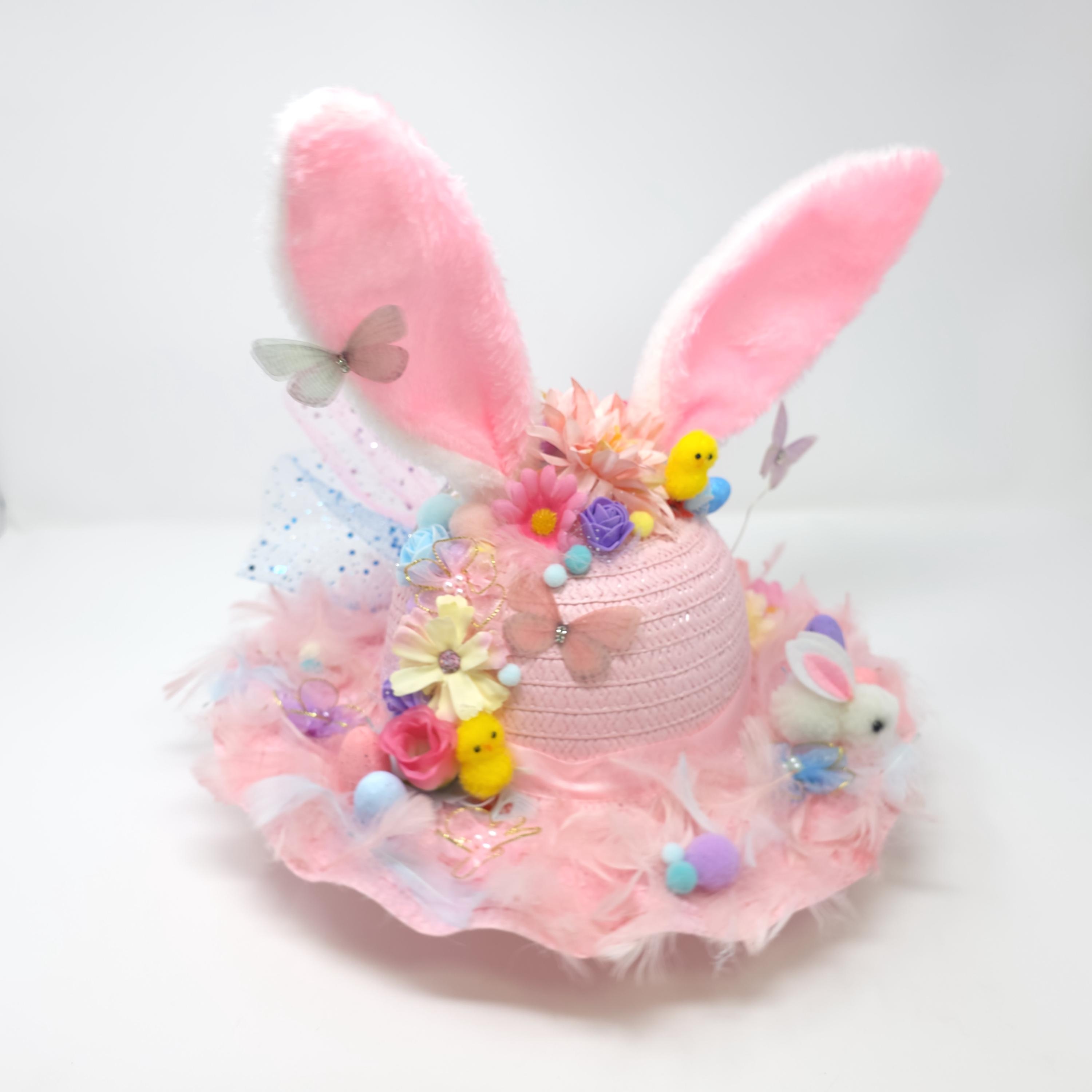 Handmade Girls Pink Feather Flower Easter Bunny Ears Bonnet - Ready to ...