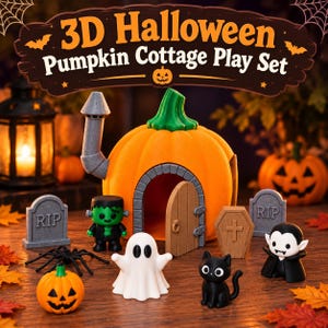 May include: A 3D Halloween Pumpkin Cottage Play Set featuring a large orange pumpkin house with a chimney, a wooden door, and miniature figures including a green monster, a white ghost, a black cat, a vampire, two tombstones, and a small pumpkin.