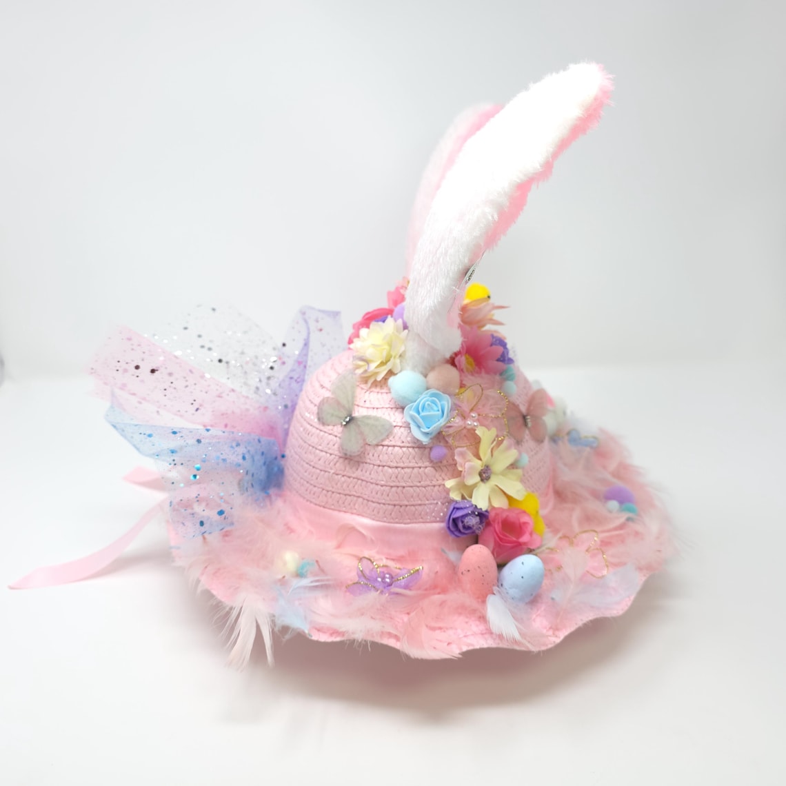Handmade Girls Pink Feather Flower Easter Bunny Ears Bonnet - Ready to ...