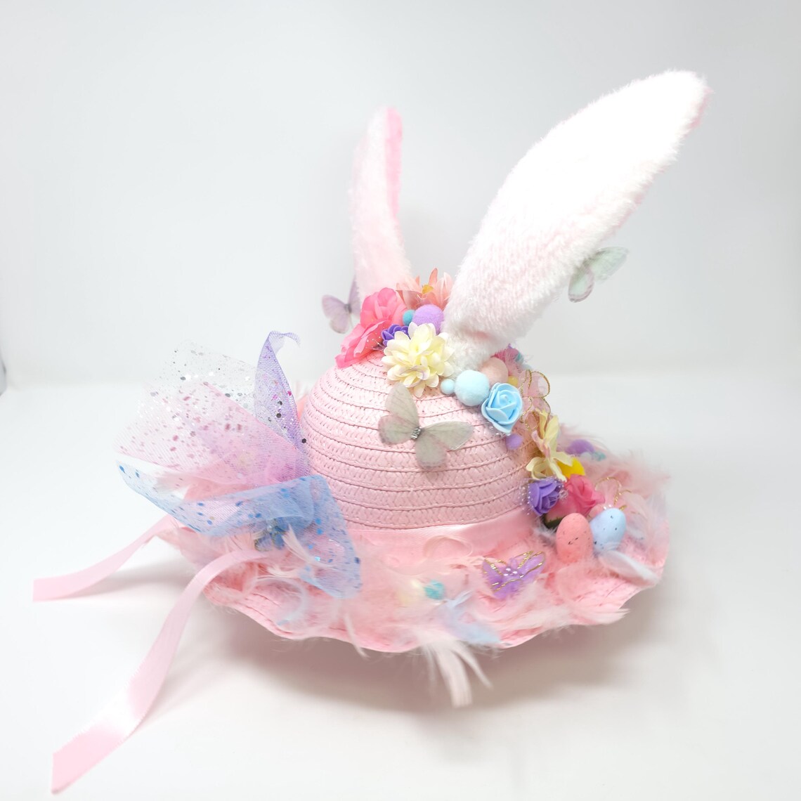 Handmade Girls Pink Feather Flower Easter Bunny Ears Bonnet - Ready to ...