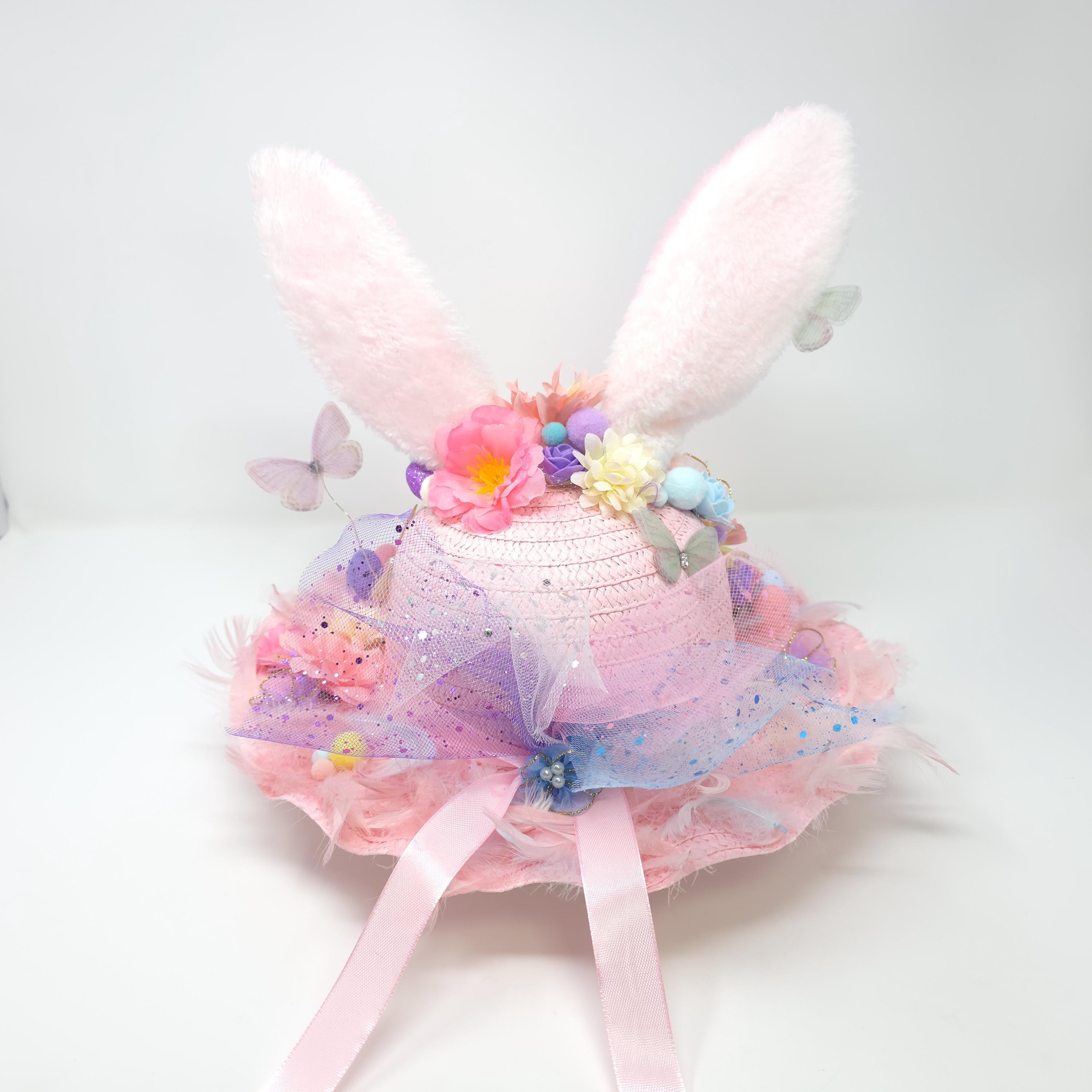 Handmade Girls Pink Feather Flower Easter Bunny Ears Bonnet - Ready to ...